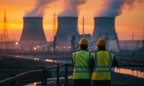 Engineers discuss plans at nuclear power station during photoshoot